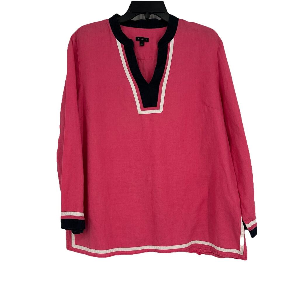 Talbots Linen Top Pink Black Long Sleeve Split Neck Lagenlook Classic Size L